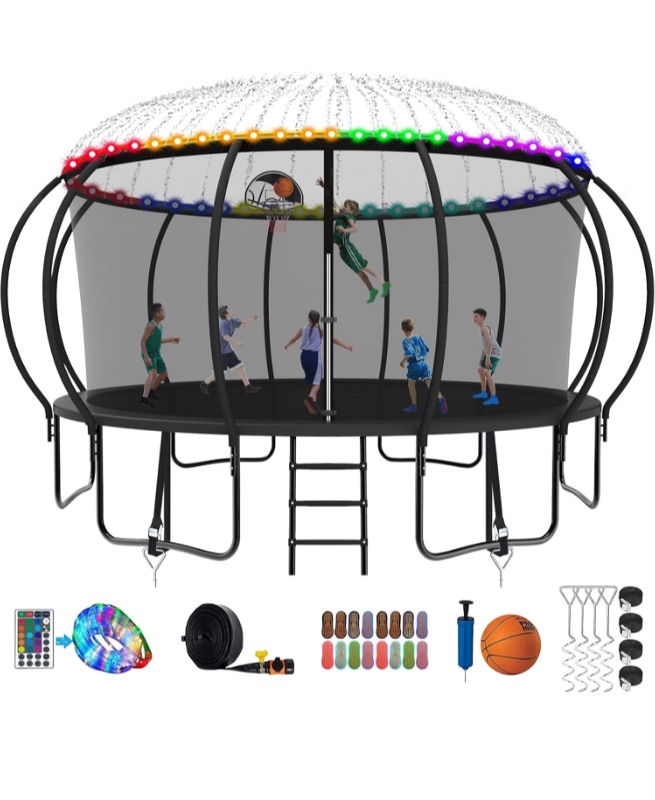 Photo 1 of 2025 Upgraded 8 10 12 14 15 16 FT 1500lbs Tranpoline for Kids and Adults with Light+Sprinkler+Socks, Recreational Tranpoline with Basketball Hoop, Ladder, ASTM Approved Tranpoline for 7-10 Kids