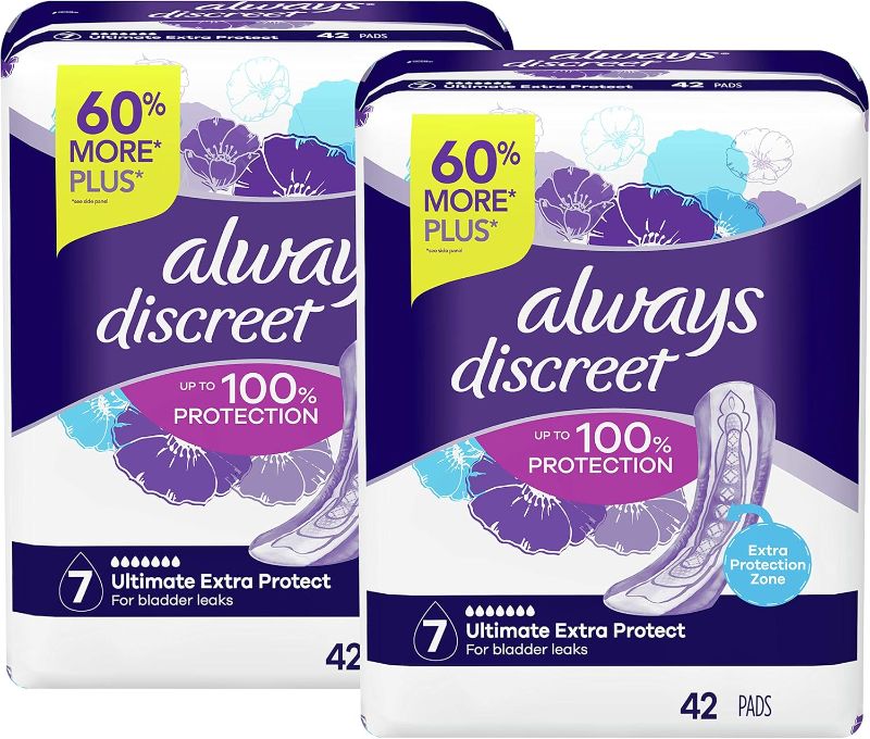 Photo 1 of Always Discreet, Incontinence & Postpartum Pads For Women, Size 7 Drops, Ultimate Extra Absorbency, 84 Total Count (2 Packs of 42 Count)
