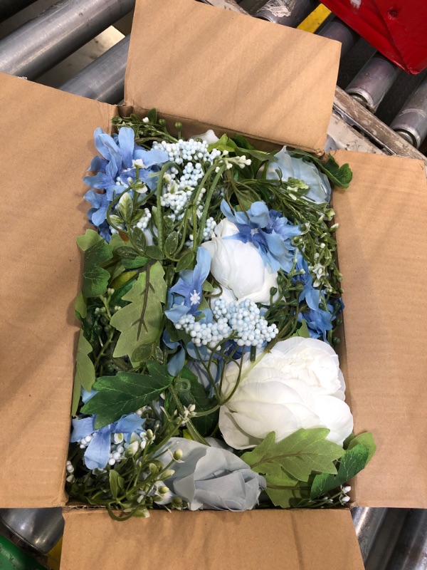 Photo 1 of karoro 2 Bunches Artificial Peonies Flowers Silk Blue Peonies Fake Hydrangea Flowers Arrangements Table Centerpiece Faux Flores for Bridal Wedding Home Decor (2, Blue White)