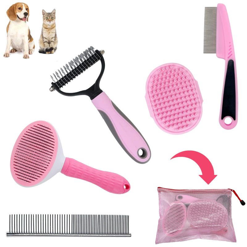 Photo 1 of MASTER QUEEN Dog Grooming Kit - Deshedding Brush for Short Hair, Slicker Brush, Flea Comb, Puppy Brush Set in Pink