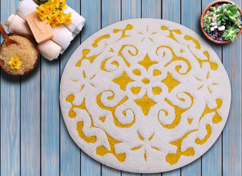 Photo 1 of Saffron Fabs Damask Pattern Bath Rug 36 Inch Round Yellow/White