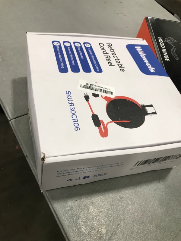 Photo 1 of WILAWELS 30 Ft Retractable Extension Cord Reel, 16/3 Gauge SJTW Power Cord with 3 Electrical Outlets Pigtail for Garage and Shop, 10 Amp Circuit Breaker, Metal Plate, UL Listed, Red R30CR06
