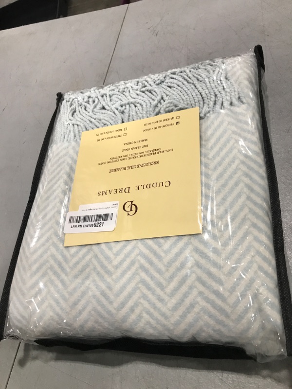 Photo 1 of CUDDLE DREAMS Silk Throw Blanket with Hand-Knotted Fringe, Natural, Soft & Breathable (Herringbone Blue)