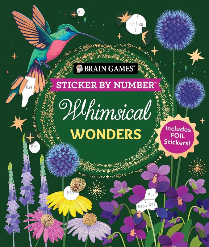 Photo 1 of Brain Games - Sticker by Number: Whimsical Wonders (24 Images to Sticker): Includes 2 Foil Sticker Sheets to Complete Each Image! Paperback – August 29, 2024

