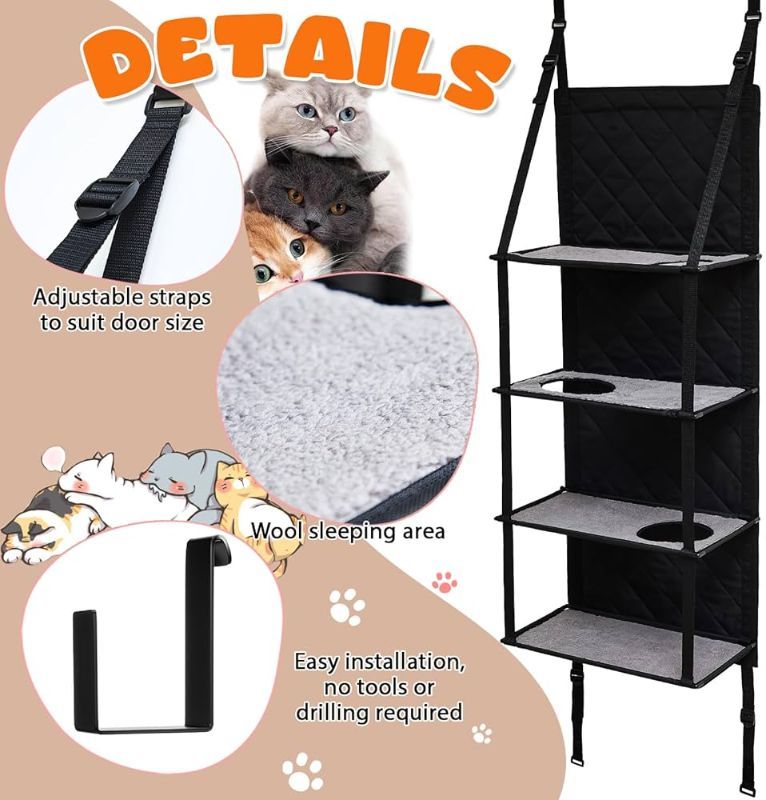 Photo 1 of DoubleFill Door Hanging Cat Tree Cat Climber Tree 4 Levels Pet Ladder Door Mounted Pet Climbing Shelves Wall Perch Vertical Kitten Hammock Elevated Bed for Indoor 22 L x 12 W x 54.3 H