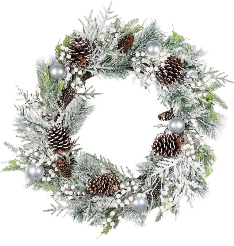 Photo 1 of Red Co. 30” Decorative Snow-Flocked Artificial Light-Up Christmas Wreath with Silver Ornaments, Battery-Operated LED Lights with Timer
