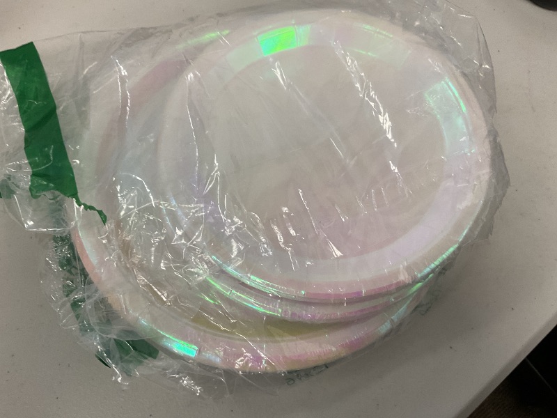 Photo 1 of Newtay 25 Pcs Pink Holographic Paper Plates Iridescent Foil Disposable Plates Round 7" and 9" Holographic Party Dinner Dishes for Birthday Wedding Baby Shower Party Supplies
