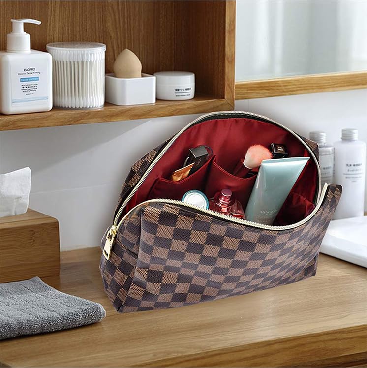 Photo 1 of BAGCRAZY Makeup Bag, Cosmetic Bag, Portable Leather Large Checkered Makeup Bag