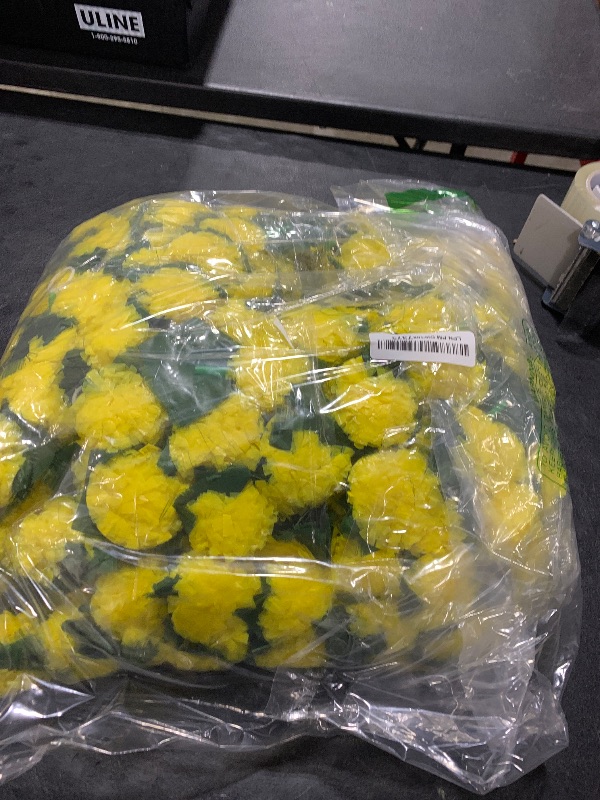 Photo 1 of Tigeen 12 Pcs 5 ft Long Strands Faux Artificial Marigold Flowers Garland for Wedding Party Mantle Decoration Faux Garlands Wedding Garland Diwali Decoration for Home Christmas (Yellow with Green)