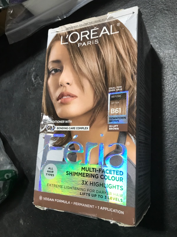 Photo 1 of L'Oreal Paris Feria Multi-Faceted Shimmering Permanent Hair Color, B61 Downtown Brown (Hi-Lift Cool Brown), Pack of 1, Hair Dye