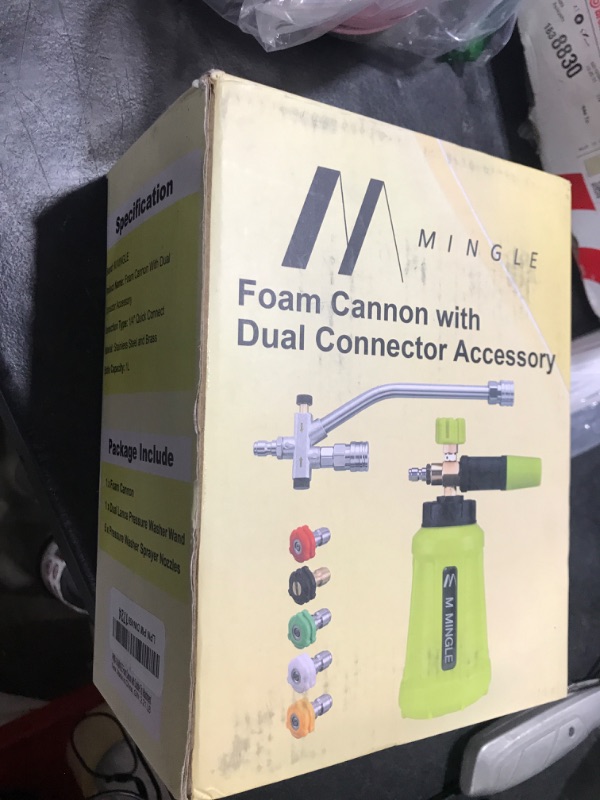 Photo 1 of M MINGLE Foam Cannon for Pressure Washer with Dual Connector Accessory, Power Washer Soap Cannon with Double Tip Attachment, 5 Pressure Washer Sprayer Nozzles, 1/4" Quick Connect