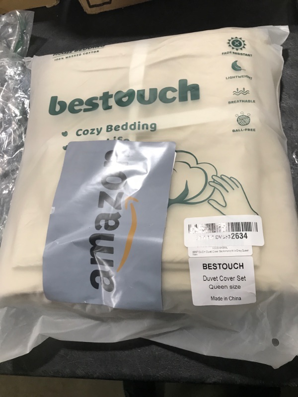 Photo 1 of BESTOUCH Duvet Cover Set 100% Washed Cotton Linen Feel Super Soft Comfortable Chic Lightweight 3 PCs Home Bedding Set Solid Almond Milk Grey Queen