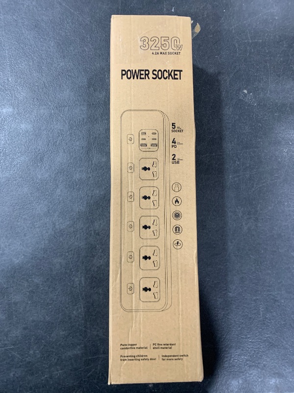 Photo 1 of Universal Power Strip with USB Ports, Individual Swtich, 6ft Power Cord, 5 Universal AC Outlets, 4USB C and 2USB (5V/4.2A), Max 3000w, 110-240V, Child Safe Door, Multi Plug Power Strip for Travel