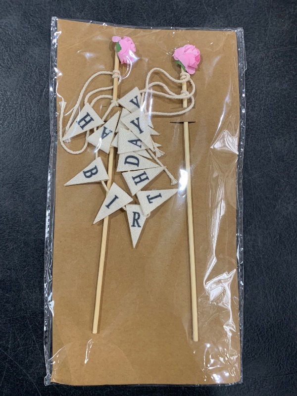 Photo 1 of Happy Birthday Cake Banner and Bunting Topper - Personalized Handmade Pennant Flags With Wood Pole - Ivory Garland