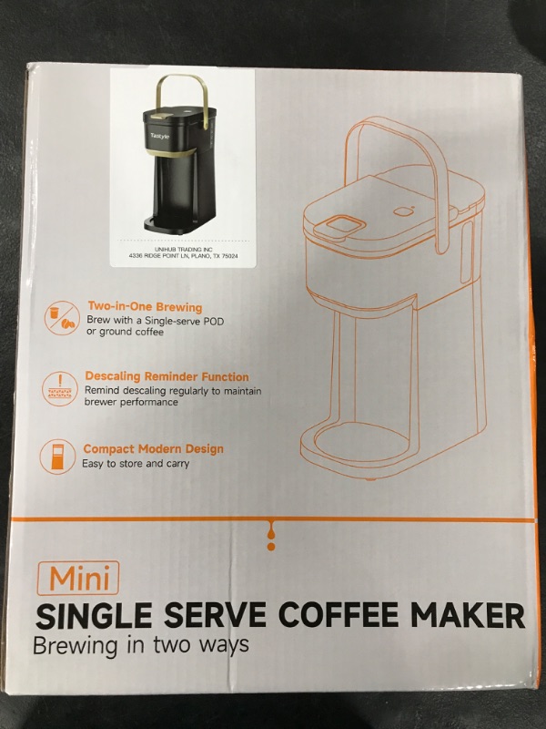 Photo 1 of Tastyle Single Serve One Cup Coffee Maker, for K Cups and Grounds, Mini Coffee Maker with Portable Handle, 6 to 12 Oz Brew Size, for Travel, Camping, Office, RV and Dorm, Black and Gold