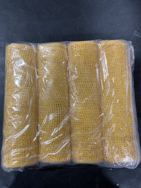 Photo 1 of Chuangdi 4 Rolls Spring Poly Burlap Mesh Poly Burlap Deco Ribbon Mesh Roll for Summer Easter 4th of July DIY Flower Wreath Garland, 10 Inch(Yellow)