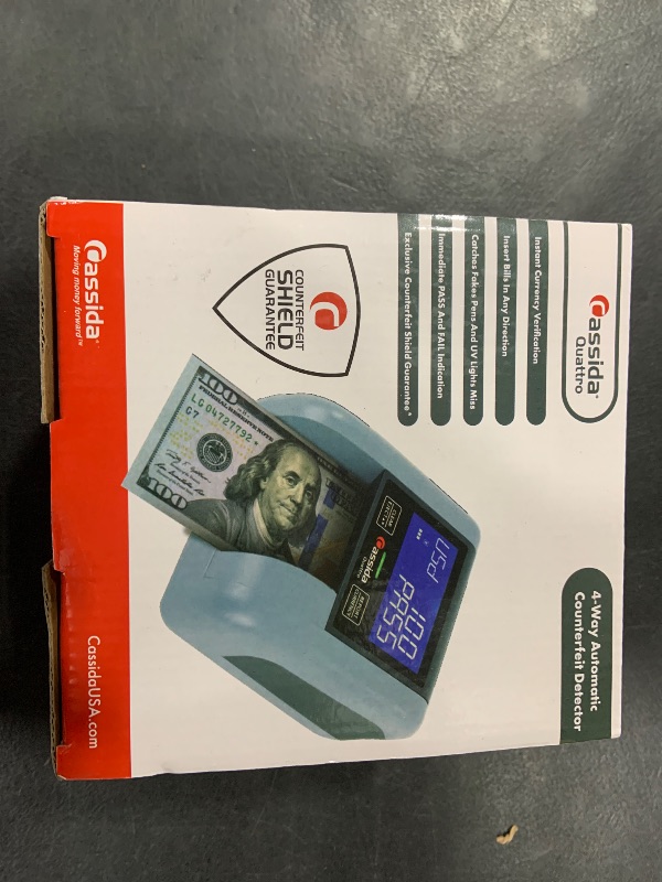 Photo 1 of Cassida Quattro Fast Automatic Currency Counterfeit Detector with Advanced Sensors (UV,MG,IR,MT,Thickness,Size) - All-Orientation Feeding - Rechargeable Battery - 3.5" Value & Pass/Fail Display