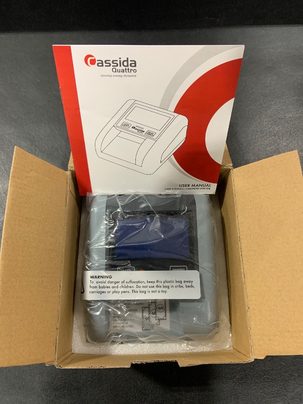 Photo 1 of Cassida Quattro Fast Automatic Currency Counterfeit Detector with Advanced Sensors (UV,MG,IR,MT,Thickness,Size) - All-Orientation Feeding - Rechargeable Battery - 3.5" Value & Pass/Fail Display