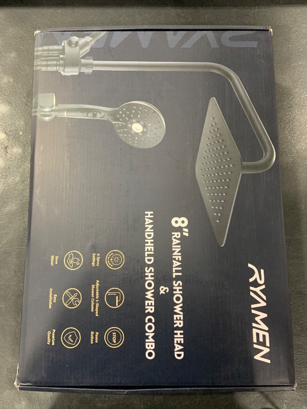 Photo 1 of Ryamen Dual Shower Head Combo, Black 8'' High Pressure Rain/Rainfall Shower Head, 6 Settings Adjustable Handheld Showers, with 15" Height Adjustable Slide Bar, Holder/59" Hose
