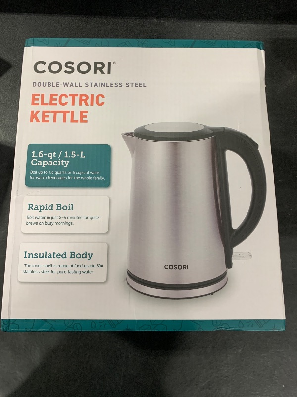Photo 1 of COSORI Electric Kettle, Cool-Touch Double Wall Stainless Steel Insulated, Automatic Shut Off & Boil-Dry Protection, Durable Tea Kettle Boiler & Heater, 1.5L/1500W, Silver