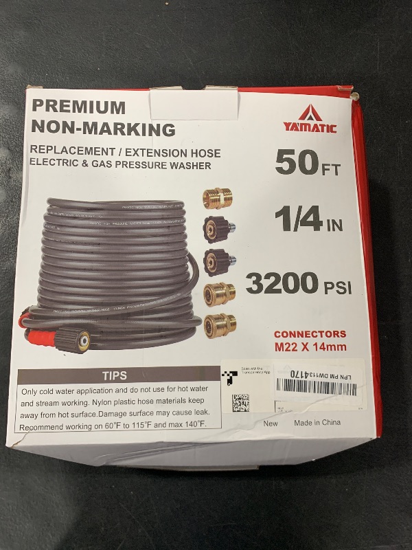 Photo 1 of YAMATIC Super Flexible Pressure Washer Hose 50FT X 1/4", Kink Resistant 3200 PSI Heavy Duty Power Washer Extension Replacement Hose With M22-14mm x 3/8" Quick Connect Kit For Gas & Electric, Grey