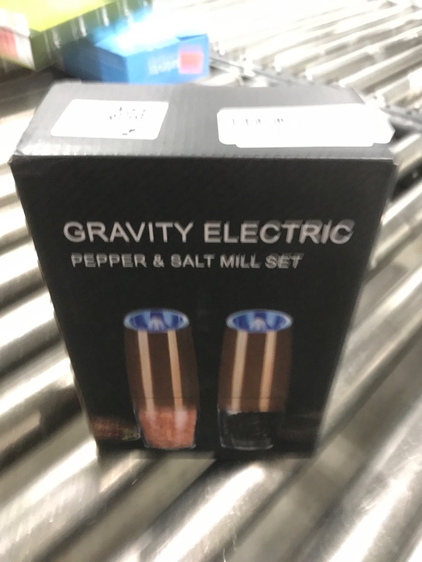 Photo 1 of Gravity Electric Pepper and Salt Grinder Set, Adjustable Coarseness, Battery Powered with LED Light, One Hand Automatic Operation, Stainless Steel Copper, 2 Pack