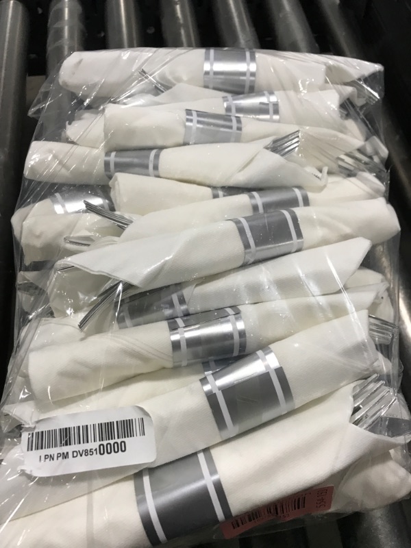 Photo 1 of N9R 50 Pack Pre Rolled Silver Plastic Cutlery Set, 50 Forks, 50 Knives, 50 Spoons, 50 Napkins, Disposable Cutlery Set for Party and Wedding