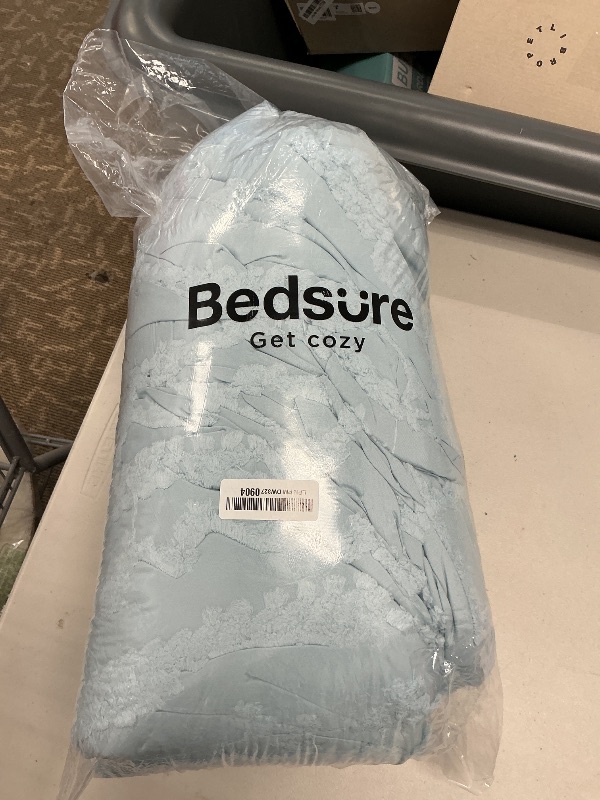 Photo 1 of Bedsure Tufted Boho Comforter Set Queen Size - Dusty Blue Boho Bed Set, GentleSoft™ 3 Pieces Farmhouse Shabby Chic Embroidery Bedding, Gifts for Woman, Soft Jacquard Queen Comforter for All Seasons