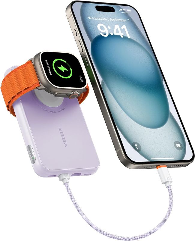 Photo 1 of VEGER Portable Charger with Built in Cable(Removable), 10000mAh Mini Power Bank Battery Pack, PD 20W Fast Charger Travel Accessory Compatible with iPhone 15/14/13 Pro Max, Sumsang, Apple Watch-Purple
