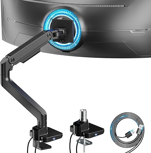 Photo 1 of ARES WING Ultrawide Monitor Arm with USB A/C, for 17 to 49 inch Heavy Duty Screen, Holds 44 lbs, Adjustable Gas Spring Arm Desk Mount with Clamp and Grommet Base, Black