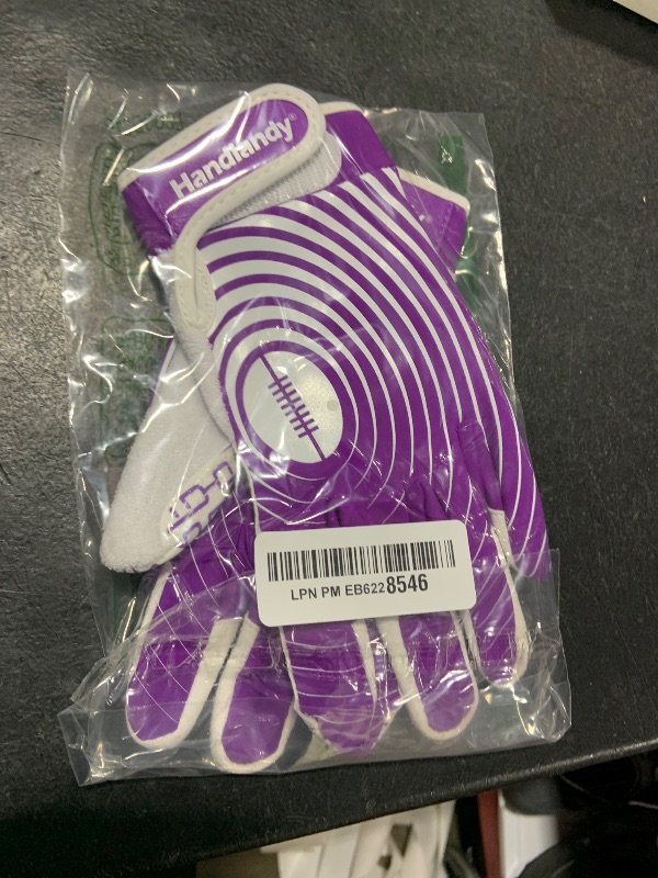 Photo 1 of HANDLANDY Youth Football Gloves, Sticky Wide Receiver Gloves for Kids & Adult, White and Gold Stretch Fit Football Glove (White and Purple, Large)