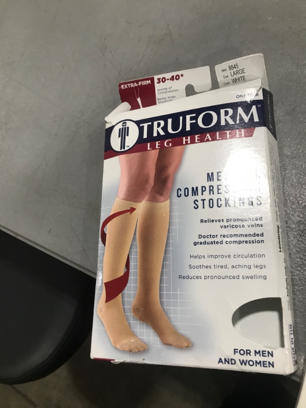Photo 1 of Truform 30-40 mmHg Compression Stockings for Men and Women, Knee High Length, Closed Toe, White, Large