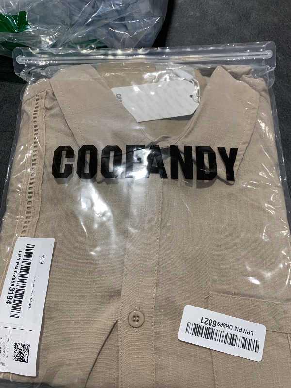 Photo 1 of COOFANDY Mens Coordinated Outfit Linen Shirt and Pant Set 2 Piece Beach Wedding Summer Vacation Beach Linen Sets, Khaki, Large