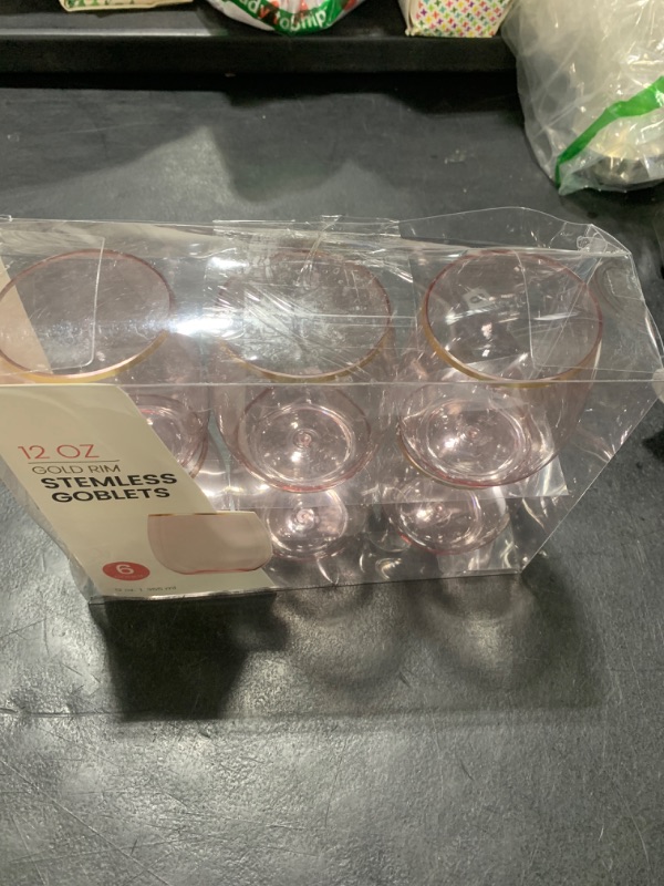 Photo 1 of PLASTICPRO 6 Pack Pink With Gold Rim Plastic Wine Glasses Stemless Disposable 12 oz BPA Free Shatterproof Plastic Cups Wine Glasses for Parties