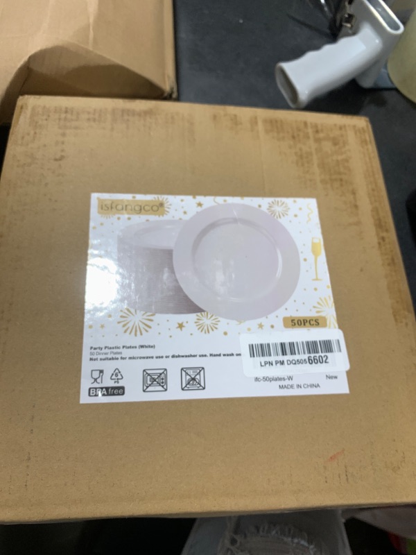 Photo 1 of ISFANGCO 50 PCS White Plastic Plates for 50 Guests,10.25 inch Heavy Duty Disposable Plates for Wedding,Party,Birthday,Smooth Edge & Sturdy Dinner Plates
