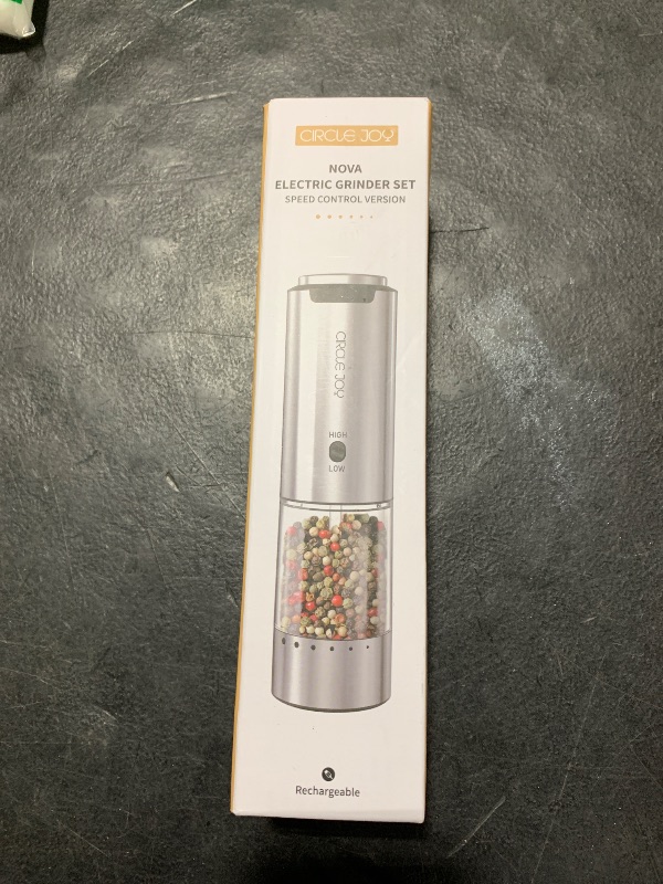 Photo 1 of CIRCLE JOY Electric Pepper Grinder Stainless Steel Rechargeable Pepper Mill with Variable Grinding Speed, External Adjustable Coarseness, 95ml Container and White LED Light, Silver