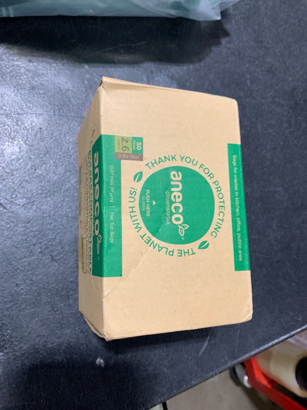 Photo 1 of ANECO 100% Compostable Waste Bags 2.6 Gallon (Flat Top Bags, 50 Count) Extra Strong Kitchen Small Compost Bags for Countertop Bin (BPI & OK Compost HOME Certified)