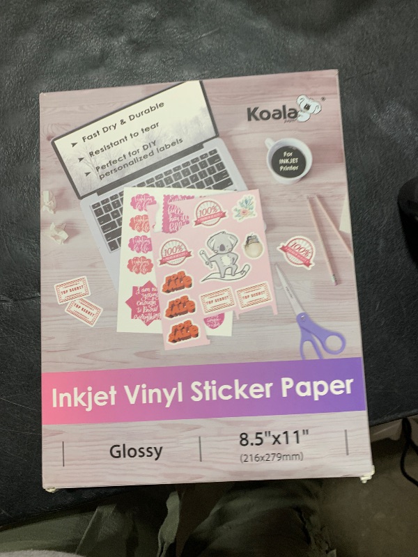 Photo 1 of Koala Printable Vinyl Sticker Paper for Inkjet Printers - 100 Sheets Glossy White Water-Resistant Adhesive Label Paper - 8.5x11 Inch, Tear-Resistant, Removable