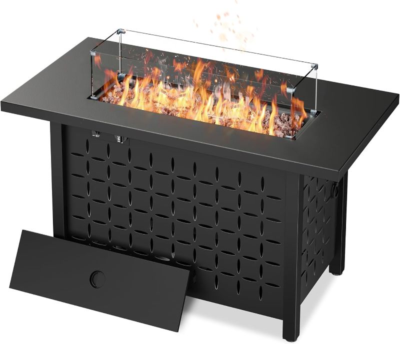 Photo 1 of 43 inch Gas Fire Pit Table, 50,000 BTU Outdoor Rectangular Propane Firepit Table with Lid, Glass Wind Guard, Lava Rock, 2 in 1 Firepit Table for Outside, Patio, Deck, Garden, Backyard