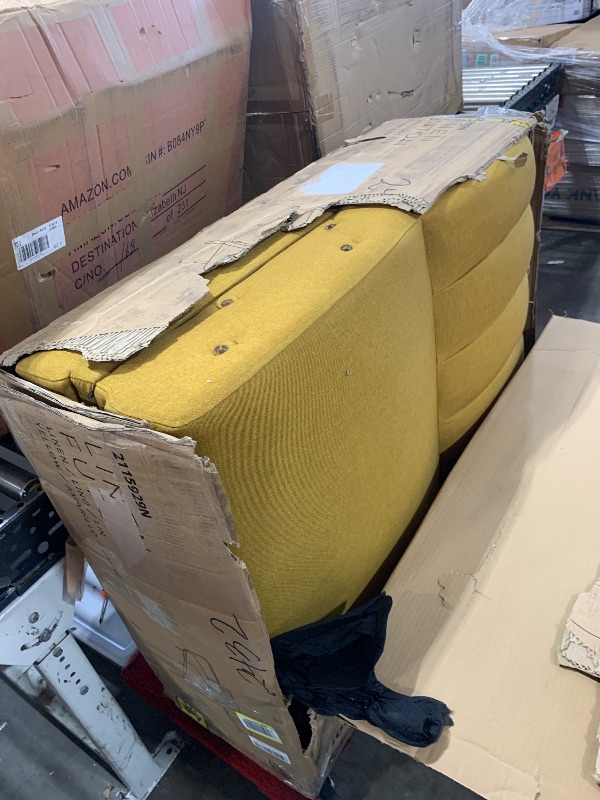 Photo 1 of Novogratz 82 Inch Futon Sofa Bed in Faux Leather, Upholstered Couch Sleeper with Tufted Back, Mid-Century Modern Design, Mustard