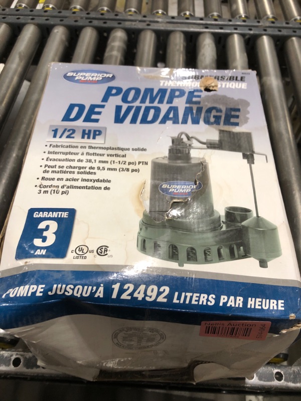 Photo 1 of Superior Pump 91570 3300GPH Thermoplastic Submersible Utility Pump with 10-Foot Cord, 1/2 HP