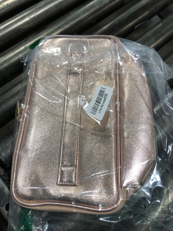 Photo 1 of OCHEAL Makeup Bag,Vegan Leather Makeup Organizer Bag,Travel Essentials Cosmetic Bag Make Up Bag Small Makeup Case Toiletry Bag for Women,Compact Capacity for Daily Use, Double Zippers -Rose Gold