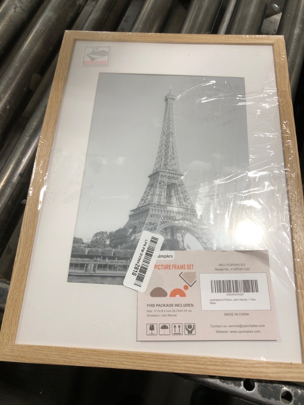 Photo 1 of upsimples A3 Picture Frame, Display Pictures 8.3x11.7 with Mat or 11.7 x 16.5 Without, Wall Hanging Poster Frames, Natural, 1 Pack