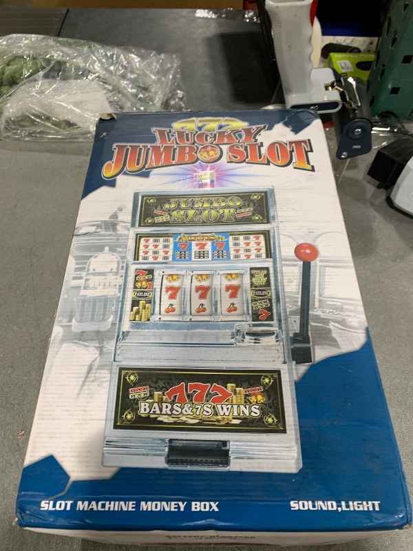 Photo 1 of 777 Jumbo Slot Machine Casino Toy Piggy Bank Replica with Flashing Lights and Jackpot Alert Sounds and Free Working Silver 777 Slot Keychain