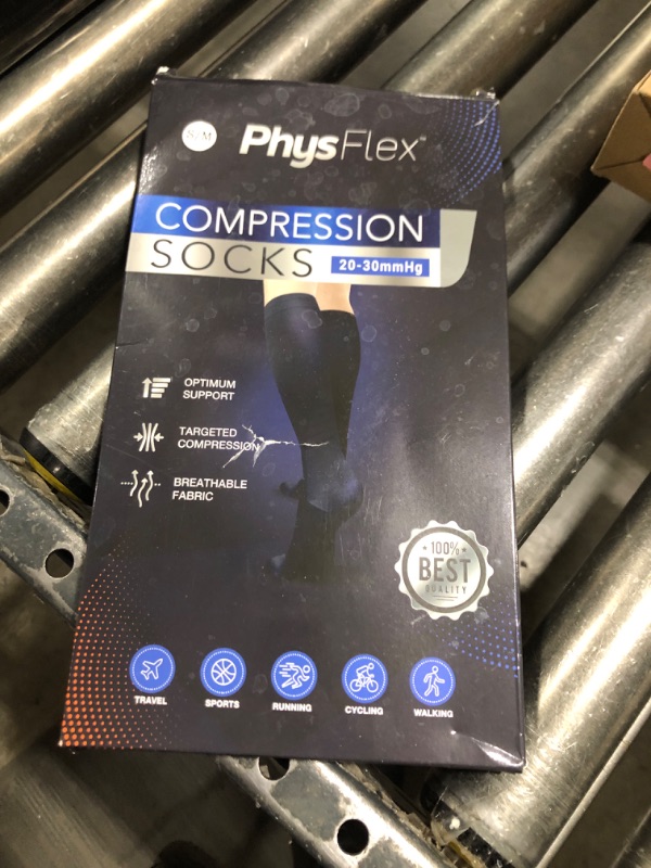 Photo 1 of PhysFlex Compression Socks for Women and Men - Best Support for Running, Flying, Pregnancy - Knee High Graduated Compression Stockings (Black, S/M)