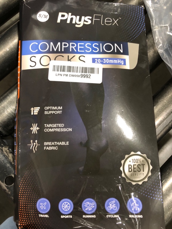 Photo 1 of PhysFlex Compression Socks for Women and Men - Best Support for Running, Flying, Pregnancy - Knee High Graduated Compression Stockings (Black, S/M)