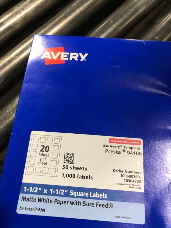 Photo 1 of Avery Matte White Square Labels with Sure Feed, 1.5" x 1.5", 1,000 Matte White Printable Labels