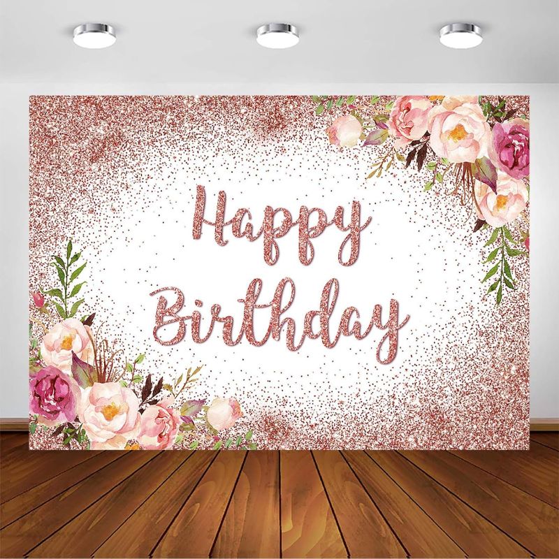 Photo 1 of Avezano Rose Gold Birthday Backdrop for Girls Women Happy Birthday Party Photography Background Blush Pink Floral Rose Gold Glitters Confetti Bday Decoration Photoshoot Banner (7x5ft)
