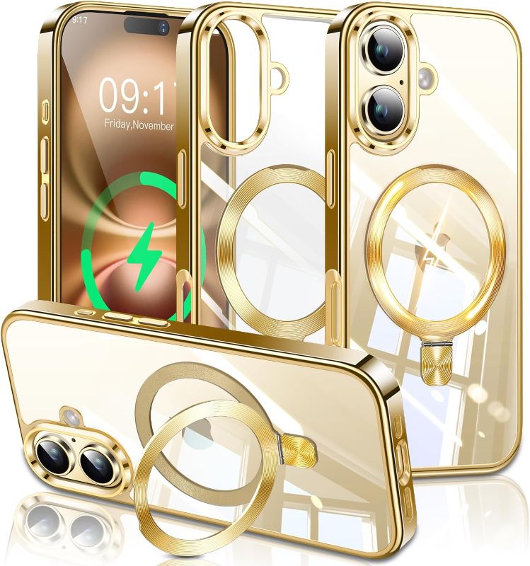 Photo 1 of ESTPEAK Titanium Gold CD Mag-Stand Case for iPhone 16 Case with Invisible Magnetic Ring, [Fit for MagSafe] [Never Yellowing] Top Clear Phone Case Cover for iPhone 16 6.1" Men Women, Gold
