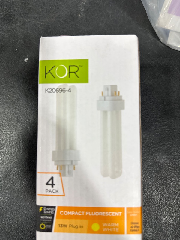 Photo 1 of KOR - 13 Watt Double Tube - G24Q-1 (4 Pin) Base, 2700K Warm White - CFL Light Bulb. Replaces Sylvania 20682 CF13DD/E/827 and GE 97594 F13DBX/827/ECO4P - 4 Pack (Warm White)